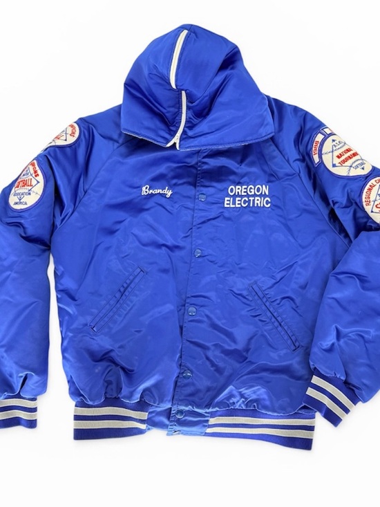 Vintage Jackets & Blazers - Vintage 1988-1990 satin varsity hooded softball Electric Blue Bomber Jacket